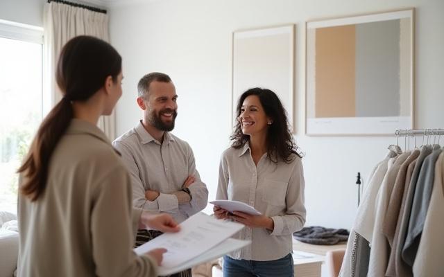 Interiørkonsulent som diskuterer designplaner med en klient i et lyst hjem